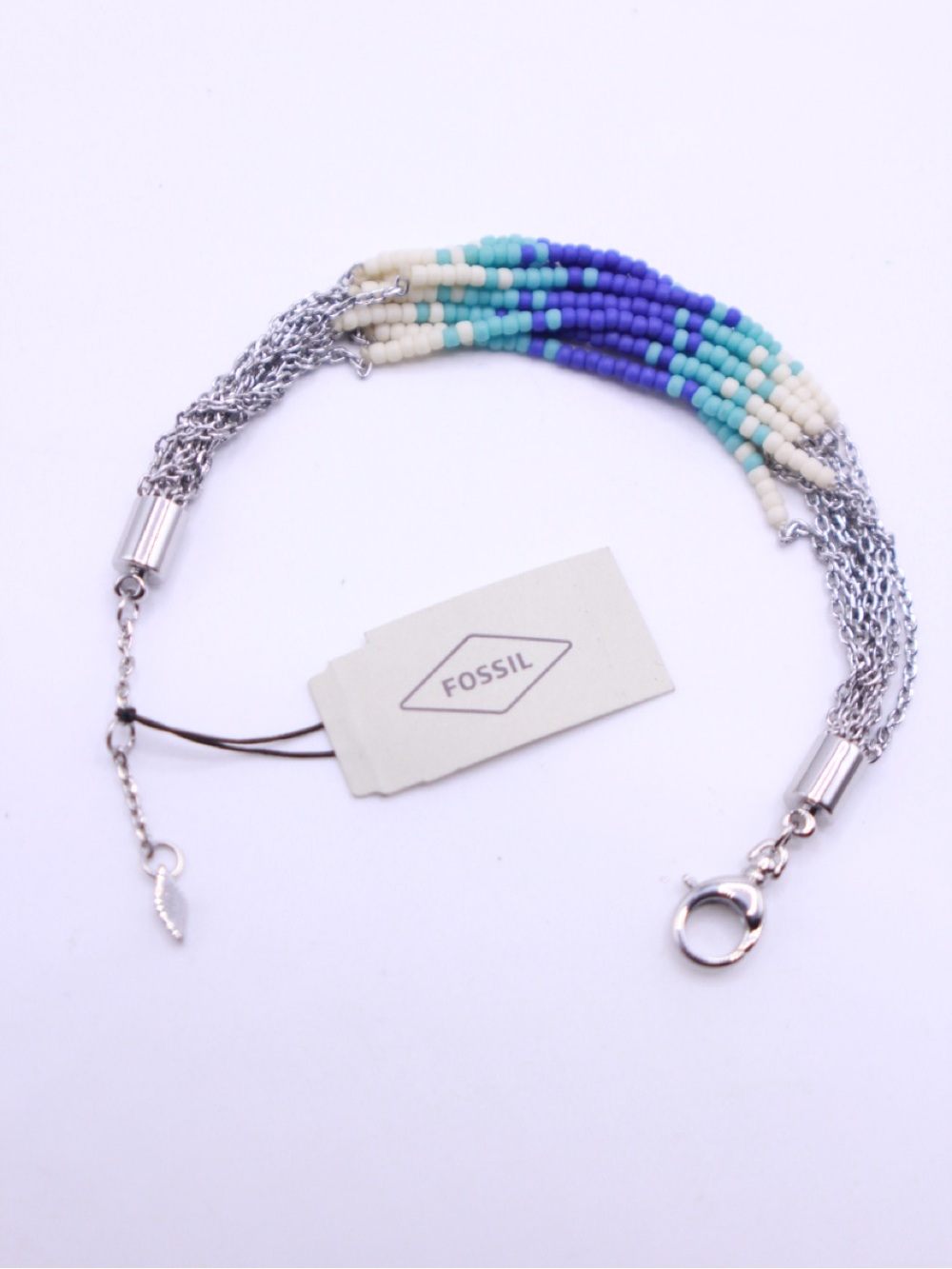 Fossil Multistrand Beaded Bracelet - Blue, Turquoise, Cream with Silver Chains